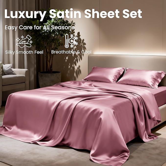 Love's cabin Twin Satin Sheets Sets - 3 Piece Rose Taupe Silky Bed Sheets with Deep Pockets, Luxury Silk Feel Satin Twin Size Sheet Set Bedding Set (1 Flat Sheet,1 Fitted Sheet,1 Pillow case)