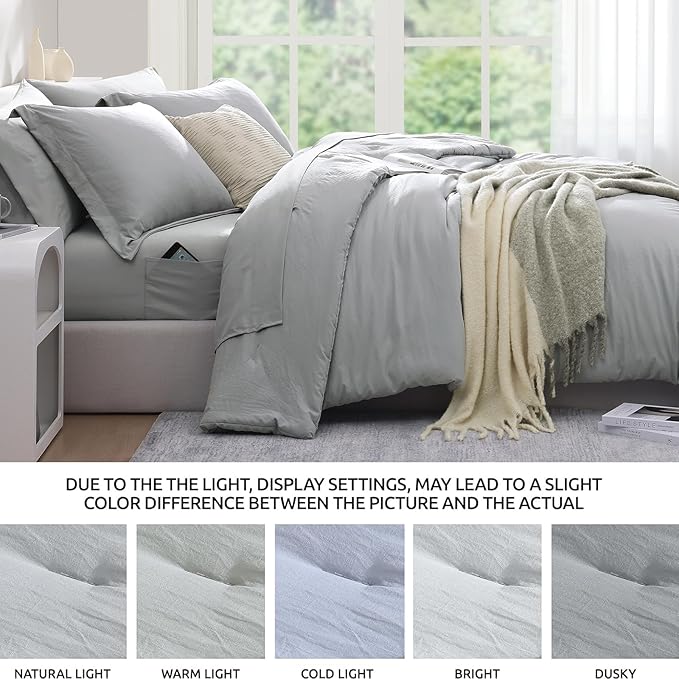 WRENSONGE Queen Comforter Set- 7 Pieces Soft Light Grey Bed in a Bag Queen with Fitted Sheet, Flat Sheet, 2 Pillow Shams, and 2 Pillowcases- Warm Bed Set for All Season