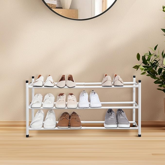 STORAGE MANIAC Expandable Shoe Rack, 12 Pairs Stackable Small Shoe Rack, Metal Adjustable Shoes Organizer for Closet, Entryway, Hallway, Garage, Front Door, Shoes Shelves, White 3 Tier - Image 8