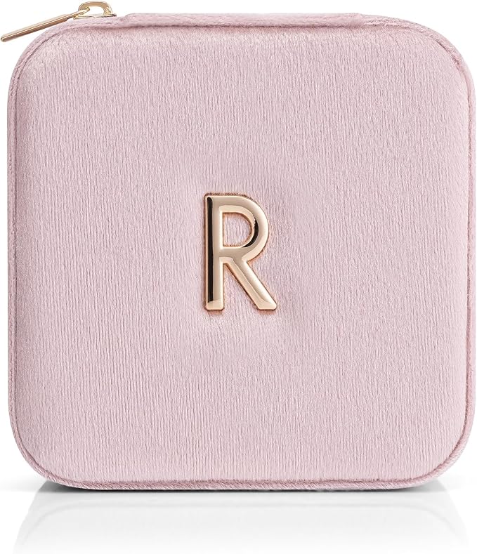 Vlando Small Travel Jewelry Box Organizer Display Case for Rings Earrings Necklaces Storage, Selected Soft Velvet, Letter R Engraved, Pink - Image 6
