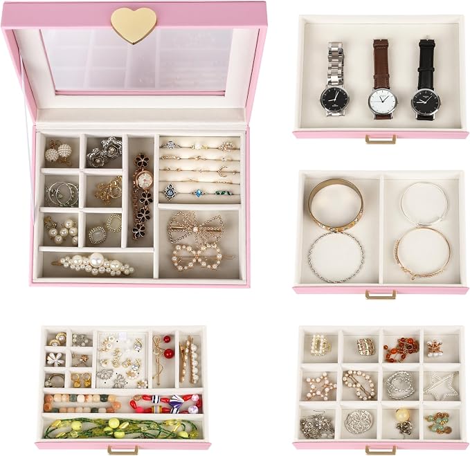 Kendal Jewelry Box, 5-Layer Jewelry Organizer Box with Glass Lid, Pink, Heart Shaped PU Leather, Storage Box for Necklace Earrings Rings Bracelets, Gift Idea for Girls LJC4DRPK - Image 6