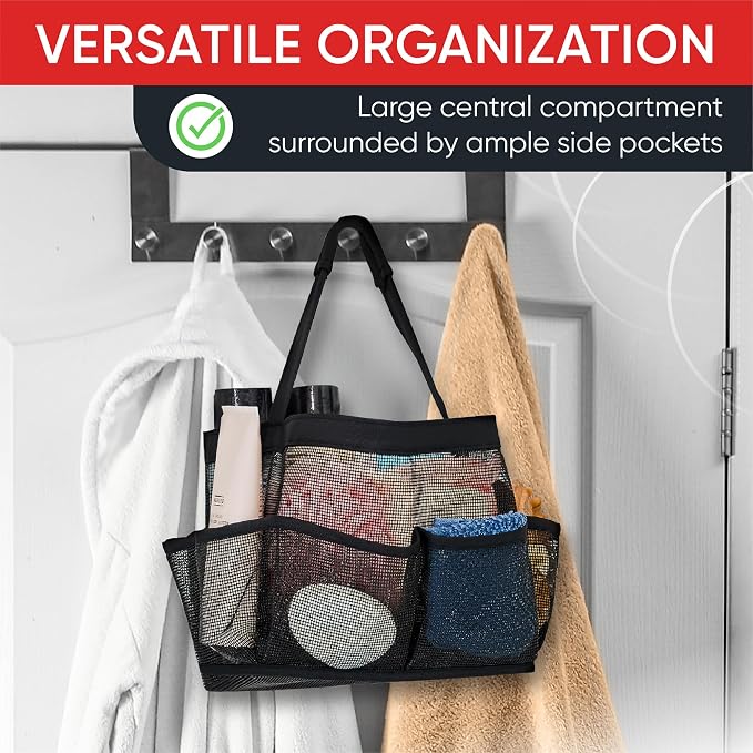 Masirs Shower Caddy Mesh - 9 Pocket Portable Bathroom Organizer Tote for Travel, Gym & Dorm - Collapsible Small Shower Caddy Bag to Hold Toiletries & Essentials (Black) - Image 6