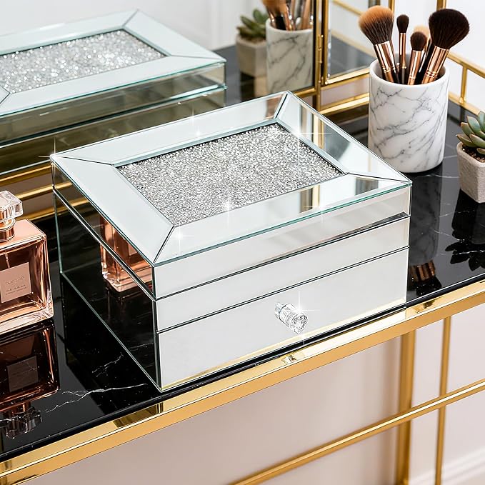 2 Layer Mirror Glass Jewelry Box with Crushed Diamond Decor, Velvet-Lined Trinket Organizer for Rings Earrings Necklaces Bracelets - Elegant Treasure Chest Storage Case for Women Girls - Image 6
