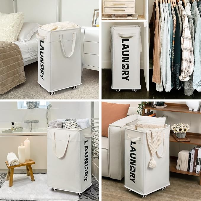 Goodpick Laundry Baskets with Wheels and Handle, 2-Pack 75L Collapsible Laundry Baskets, Clothes Laundry Basket with Removable Wash Bags for Corner Dorm, White Rolling Laundry Hamper - Image 8