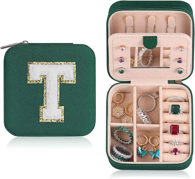 ETHOON Jewelry Travel Case Small Organizer Stocking Box Personalized Gifts Teenage Jewelry Accessories Holiday Christmas Gift for Women Green, Letter T by ETHOON