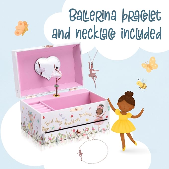 The Memory Building Co Black Ballerina Musical Jewelry Box Plays Classic Melody, Storage Organizer Music Box for Kids Ages 6-12 MDF Wood w/ 2 Fabric Lined Ring Bracelet Necklace Treasure Compartments - Image 9