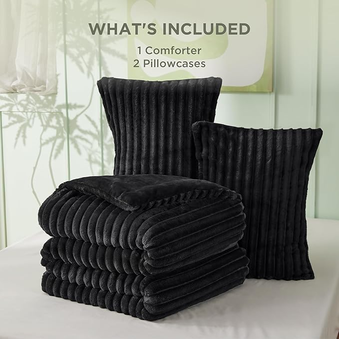 Bedsure King Comforter - GentleSoft™ 3 Pieces Double-Side Fleece Fluffy Black Comforter Set, Cozy Striped Room Decor Aesthetic, Luxury King Size Bedding with 2 Pillowcases, 104x90 Inches