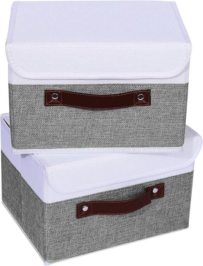 ANMINY 4PCS Storage Boxes with Lid Washable Decorative Storage Bins Basket with PU Leather Handle Foldable Linen Fabric Storage Cubes Containers for Home Closet Organizer - Gray White, Small Size - Image 8