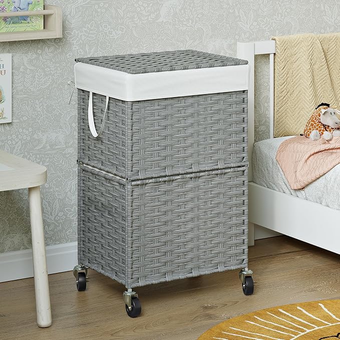 Chrislley 90L Slim Laundry Hamper with Wheels, Rolling Laundry Basket with Lid and Renovable Liner Bag, Handwoven Rattan Organizer for bedroom, bathroom, laundry room (Grey) - Image 7