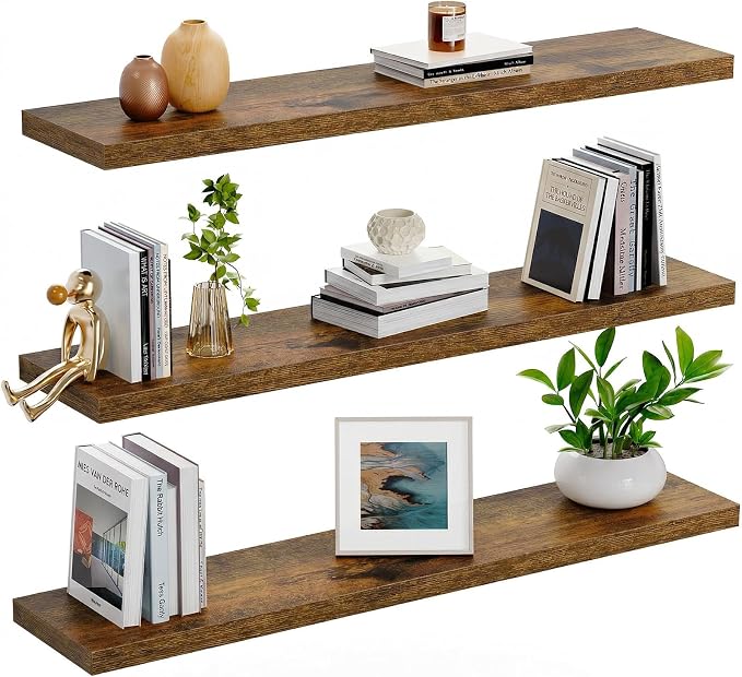 AMADA HOMEFURNISHING 23.6" L Floating Shelves, Wall Shelves Set of 3 for Bathroom/Living Room/Bedroom/Kitchen, Floating Shelves for Wall Decor with Invisible Brackets - AMFS44V, Rustic Brown - Image 9