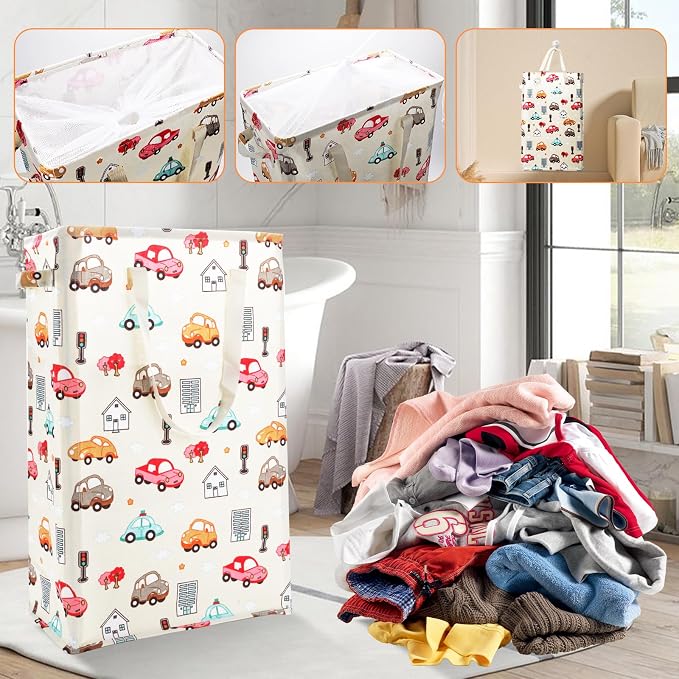 Odonata Slim Laundry Hamper Handles Collapsible Laundry Basket Thin Dirty Clothes Basket Narrow Laundry Bag Foldable Dirty Hamper 48L (Car) - Image 7