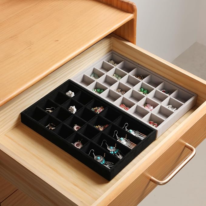 Frebeauty 24 Grid Earring Holder Organizer Tray, Jewelry Organizers and Storage for Drawer,Velvet Jewelry Display Storage for Earrings,Rings,Studs,10.5 x 6.5 x 1.2 Inches Gift for Women (Black) - Image 6