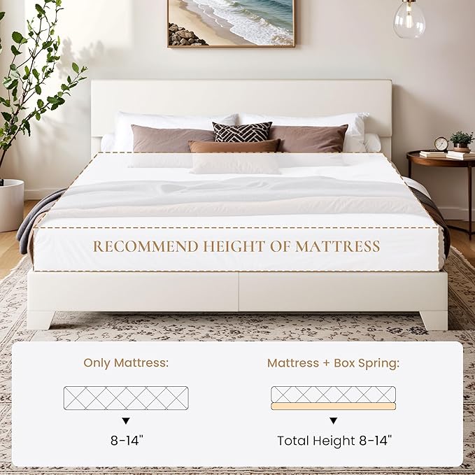 SHA CERLIN King Size Bed Frame with Adjustable Headboard, Faux Leather Upholstered Platform Bed with Wood Slats, Stable Mattress Foundation,No Box Spring Needed, Off-White