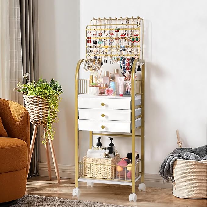 Keebofly Large Jewelry Organizer Stand with 3 Box Drawer - Necklace Organizer Earring Storage Armoire Holder with Display for Earring Necklace Ring Bracelet Gold - Image 7
