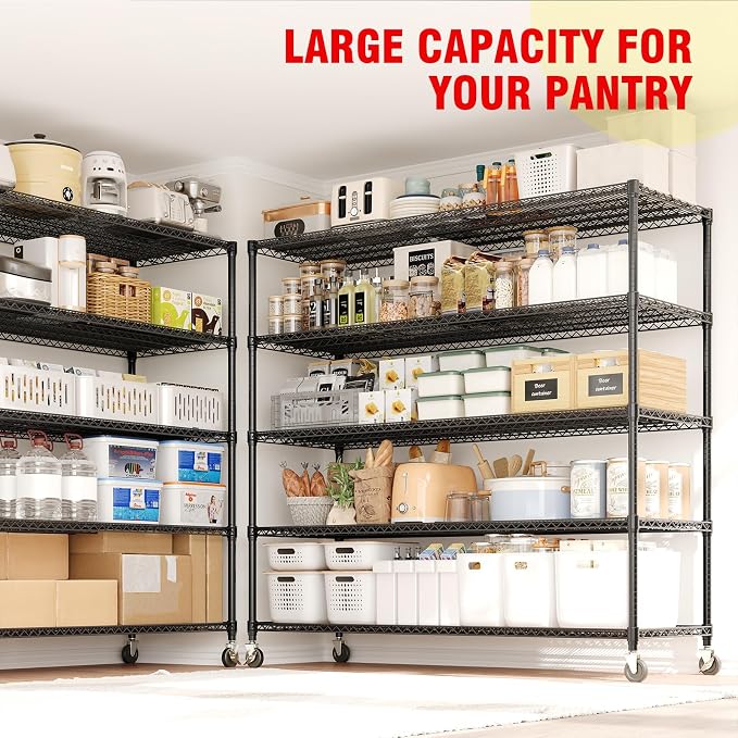 Garvee 5-Tier Metal Shelving with Wheels, Heavy Duty Rolling Storage Shelves 3300LBS Loads, Adjustable Wire Rack Shelving Unit for Garage Kitchen Pantry Commerial, 82" H x 59" W x 23.6" D, Black - Image 8