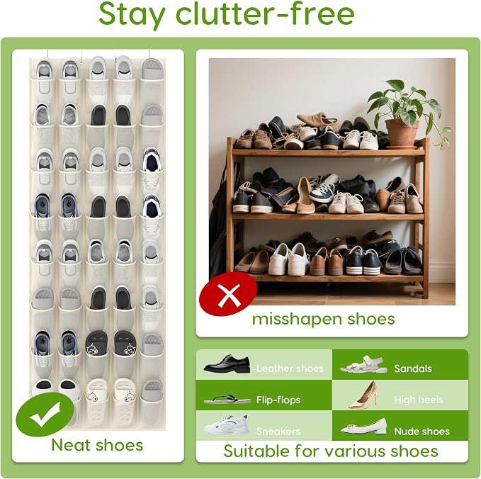 Unjumbly Over the Door Shoe Organizer with 40 Large Breathable Mesh Pockets, Space Saving Shoe Holder, Hanging Shoe Rack for Entryway Bedroom Closet Storage (Beige, 40 Pockets) - Image 6