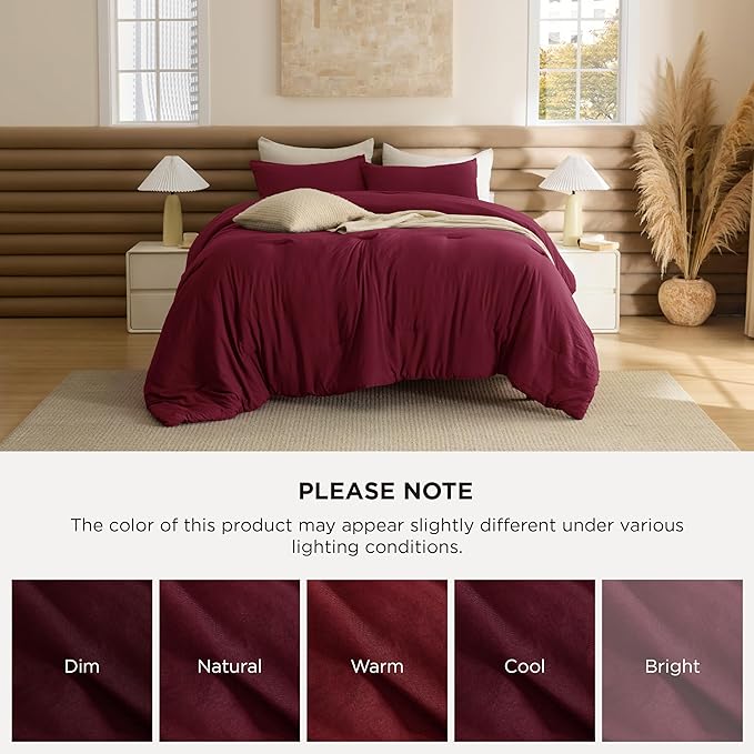 Bedsure California King Comforter Set, Dark Red Soft Prewashed Bedding for All Seasons, 3 Pieces GentleSoft™ Bed Set, 1 Lightweight Comforter (104"x96") and 2 Pillowcases (20"x36")
