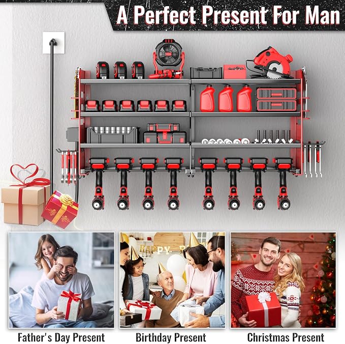Large Power Tool Organizer Wall Mount with Charging Station, 4 Layer Heavy Duty Metal Cordless Tool Organizer, Tool Storage Rack with 8 Cordless Drill Holder Screwdriver Hammer(Red) - Image 6