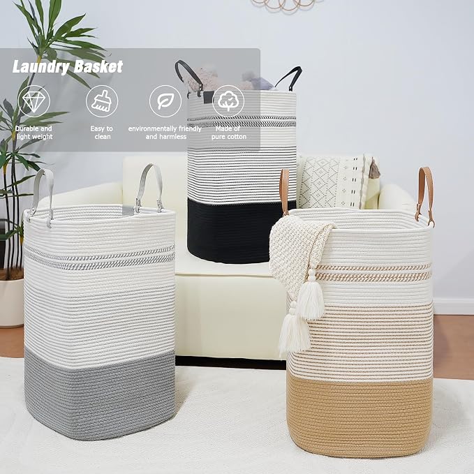 danpinera 75L Woven Laundry Hamper with Long Leather Handles, Baby Laundry Basket for Nursery, Tall Hampers for Bedroom Aesthetic, Decorative Clothes Storage Basket for Family White & Black - Image 9