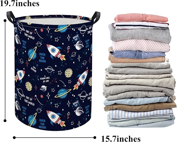 HIYAGON Kids Laundry Basket Baby Hamper for Nursery Boys Kids Hamper Cute Kids Toys Storage Bin Organizer Butterfly Room Decor for Home(Rocket Planet) - Image 6