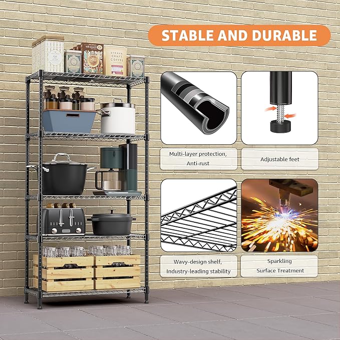 M MZG 5 Tiers Shelf Metal Storage Shelves Standing 1750 LBs Household Shelf Organizer for Kitchen Pantry Closet Garage Basement Utility Room, Black15.7 D x 45.3" W x 70.4" H - Image 9