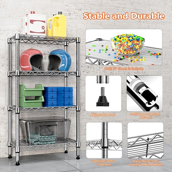 M MZG 1000 lbs 4 Tier Shelf Metal Storage Shelves Wire Rack Closet Organizers with PP Board for Garage Kitchen Bathroom Laundry Chrome 11.8" D x 21.7" W x 39.5" H - Image 7