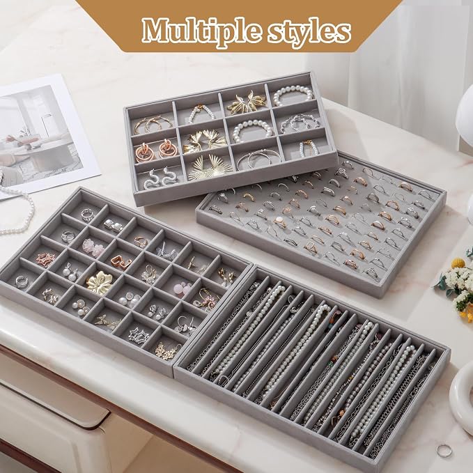 Large Velvet Jewelry Tray 2 Pack Stackable Jewelry Display Drawer Inserts Trays Organizer for Earring Bracelet Necklace Ring (Gray, 24 Grids) - Image 7