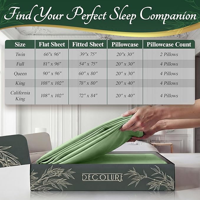 DECOLURE 100% Viscose Derived from Bamboo Sheets California King Size - Luxury 6 Pc Naturally Cooling Sheets, Ultra Soft Bed Set - Deep 17" Pockets, Double Stitching, Oeko Tex Standard (Sage Green)