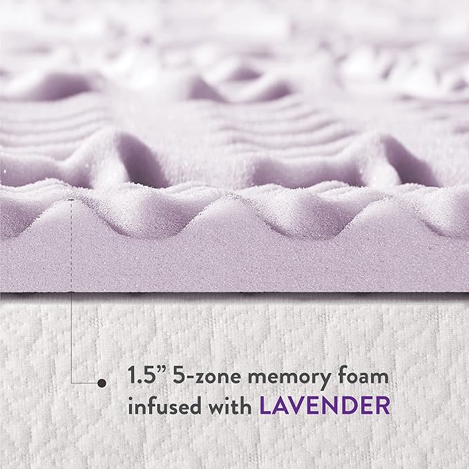 Mellow 1.5 Inch 5-Zone Memory Foam Mattress Topper, Soothing Lavender Infusion, Full