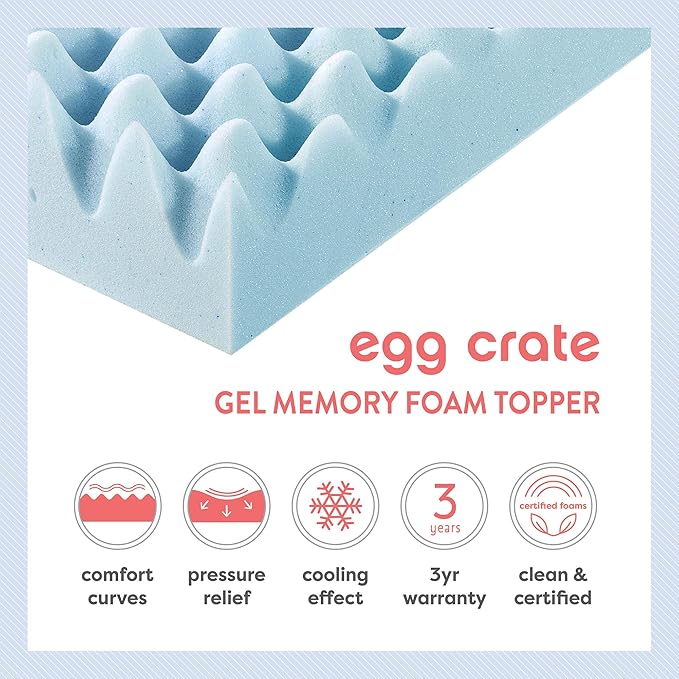 Best Price Mattress 2 Inch Egg Crate Memory Foam, Cooling Gel Infusion, Twin Mattress Topper, Dorm Essentials, Blue