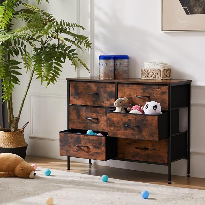 Sweetcrispy Dresser for Bedroom with 6 Storage Drawers, Fabric Storage Tower Organizer, Chest of Drawers with Metal Frame Wooden Top for Closet, Living Room, Entryway, Rust Brown