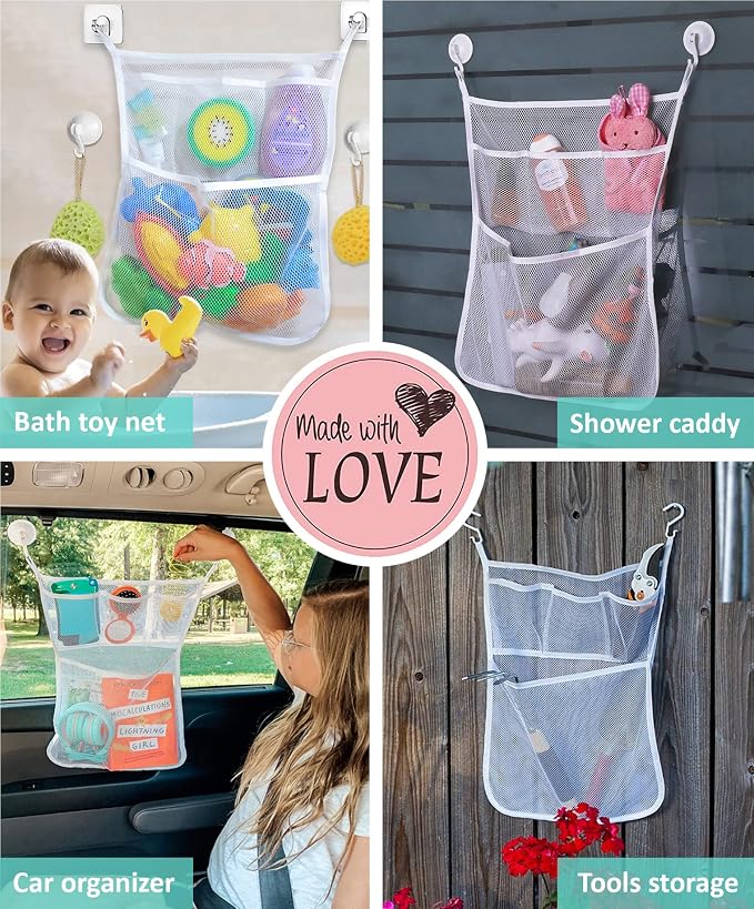 Bath Toy Storage Organizer – Large Mesh Bath Toy Holder & Bath Toy Net for Tub, Quick Dry Bathtub Bag with 2 Strong Suction Cups, 2 Adhesive Hooks, Quick-Dry Hanging Shower Cubby Basket, 14x20 Inch - Image 8