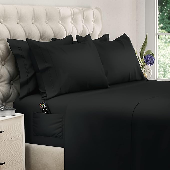 DREAMCARE King Size Sheets Set - 6 pcs Breathable Cooling Bed Sheets - up to 15" Deep Pocket King Sheet Set with Side Pockets - Extra Soft 100% Brushed Hypoallergenic Hotel Luxury Bedding - Black