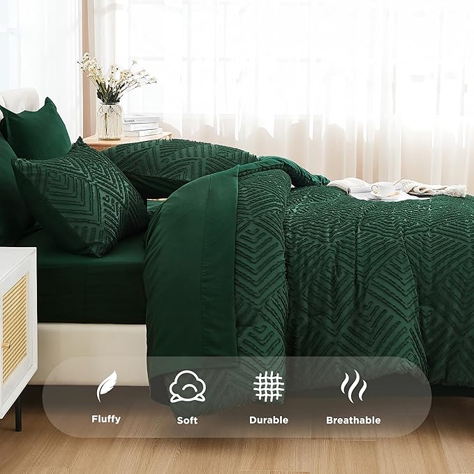 Andency Queen Comforter Set 7 Piece Dark Emerald Green - Bed in a Bag Queen Boho Lightweight Fluffy Tufted Bedding Sets with Comforter, Sheets, Pillowcases & Shams