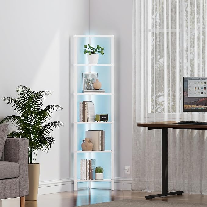TUTOTAK 6-Tier Corner Bookshelf with LED Light,Corner Shelf for Small Space, Narrow Display Corner Shelf Stand with Storage Rack, for Living Room, Bedroom, Pure White V1BS05BW006L - Image 9