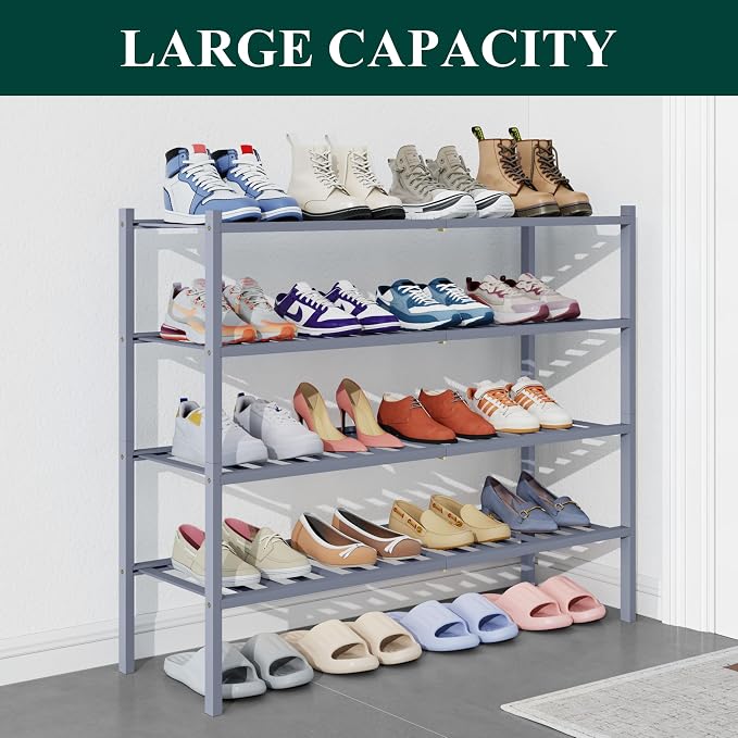 Smiry Bamboo Shoe Rack for Closet, 4 Tier Long Wooden Stackable Shoe Organizer, Free Standing Shoes Storage Shelf for Entryway, Front Door Entrance, Grey - Image 3