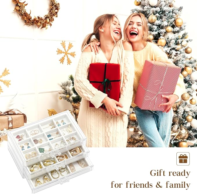 ProCase Earring Holder Organizer Jewelry Box with 3 Drawers, Acrylic Clear Earring Case with Adjustable Velvet Trays for Women - Warmwhite, 3 Layers - Image 7