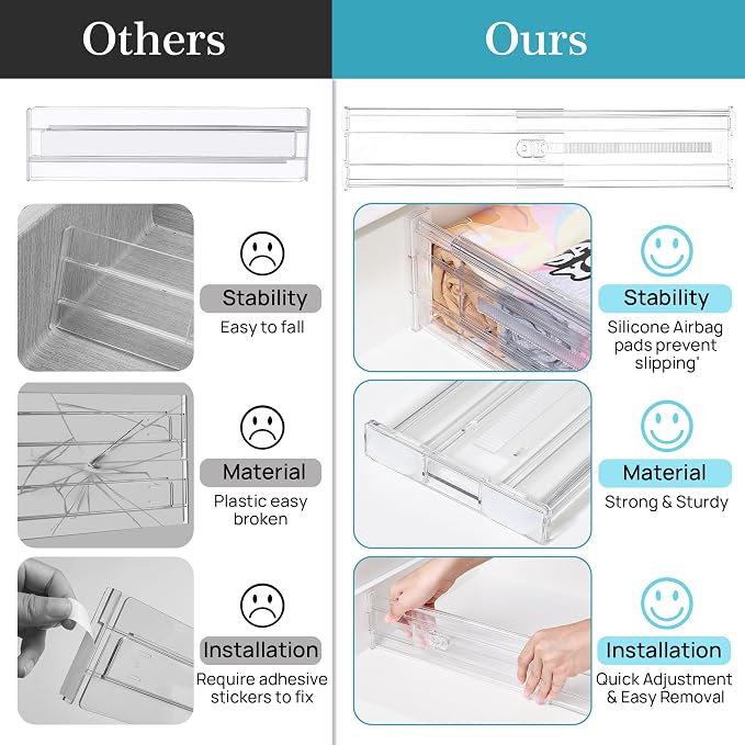 Vtopmart 4 Pack 4" Regular Upgrade Drawer Dividers for Clothes, 12.8"-22.3" Expandable Dresser Drawer Organizer, Clear Plastic Separators for Dresser, Baby Clothing, Underwear, Cosmetic, Toiletries - Image 8