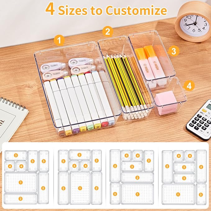 SMARTAKE 28 Piece Drawer Organizers with Non-Slip Silicone Pads, 4-Size Desk Drawer Organizer Trays Storage Tray for Makeup, Jewelries, Utensils in Bedroom Dresser, Office and Kitchen, Clear - Image 8