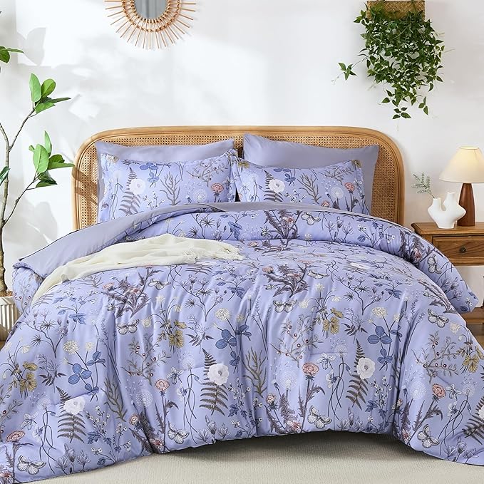 Yiran King Size Comforter Set 7 Piece, Purple Floral Bedding Set, Lightweight Bed in a Bag King with Botanical Flowers Spring, Soft Warm Lavender Comforters with Sheets Complete for All Season