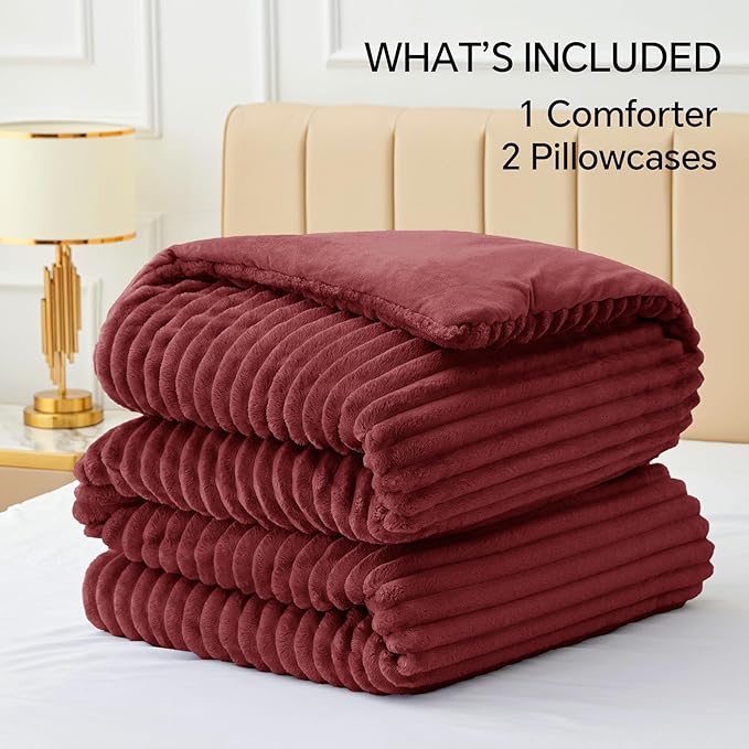 BEDELITE Fleece King Comforter Set -Super Soft & Warm Fluffy Burgundy Bedding, Luxury Fuzzy Heavy Bed Set for Winter with 2 Pillow Cases
