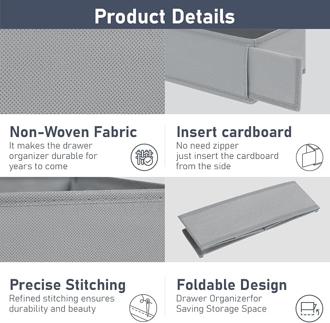 DIMJ Drawer Organizer Clothes - Underwear Organizer Small Sock Organizer Closet Organizers and Storage Box Dresser Drawer Dividers for Baby Clothes,Bra,Socks, Belt, Tie, Set of 9,Grey - Image 8