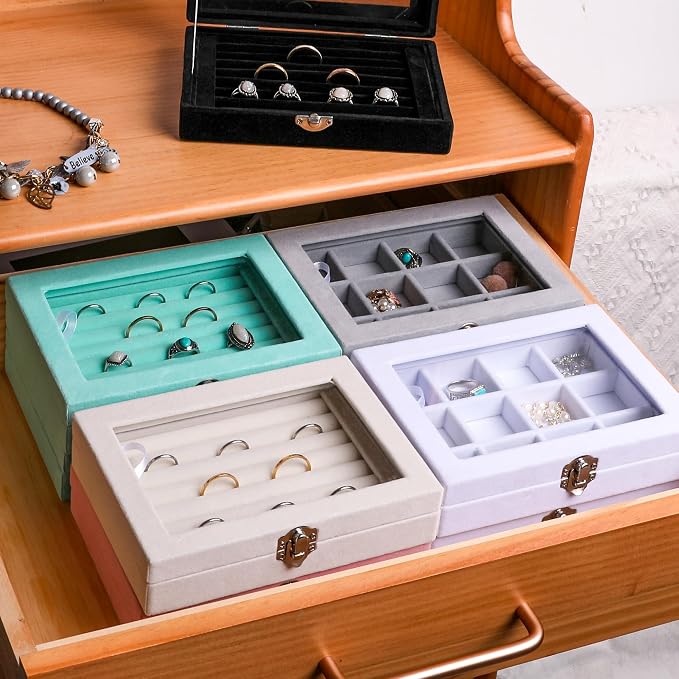 Frebeauty Jewelry Organizer Tray with Clear Lid - 12 Grid Velvet Drawer Insert Storage Box - Transparent Lid Display Case - Gift for Women (Beige, 12 Grid) - Image 8