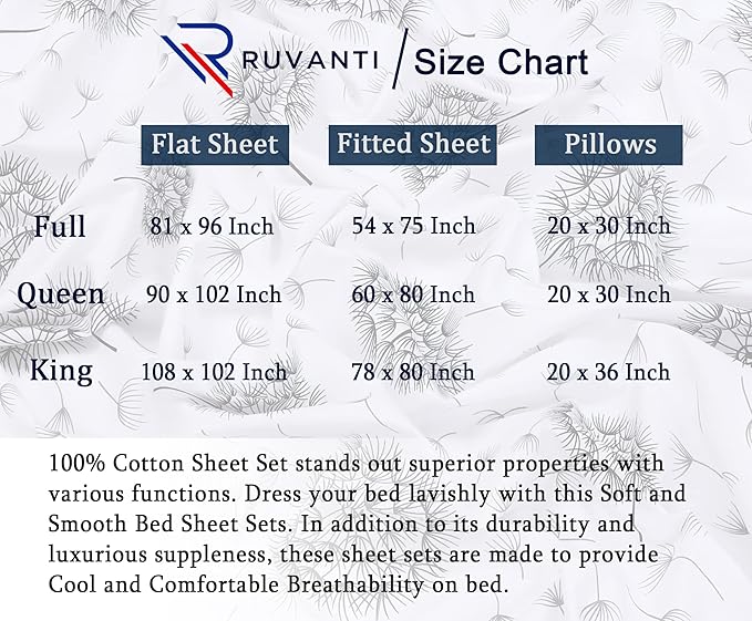 RUVANTI 100% Cotton Sheets – Queen Size Percale Bedding, Cooling & Breathable Floral Design, Durable with a Crisp, Soft & Comfortable Feel, 16" Deep Pocket, 4-Piece Set, Dandelion