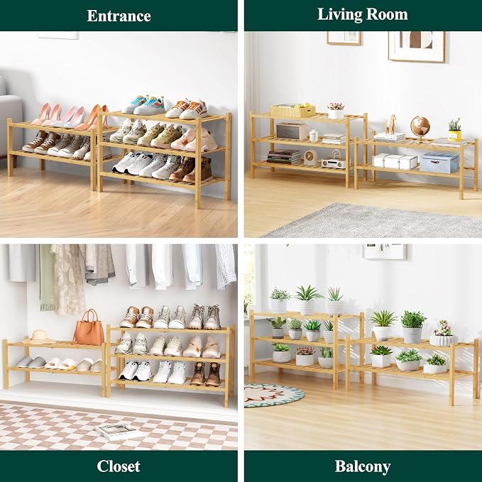 Smiry Bamboo Shoe Rack for Closet, 3 Tier Wooden Stackable Shoe Organizer, Free Standing Shoes Storage Shelf for Entryway, Front Door Entrance, Natural & Black - Image 7