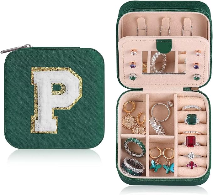 ETHOON Jewelry Travel Case Small Organizer Stocking Box Personalized Gifts Teenage Jewelry Accessories Holiday Christmas Gift for Women Green, Letter P by ETHOON