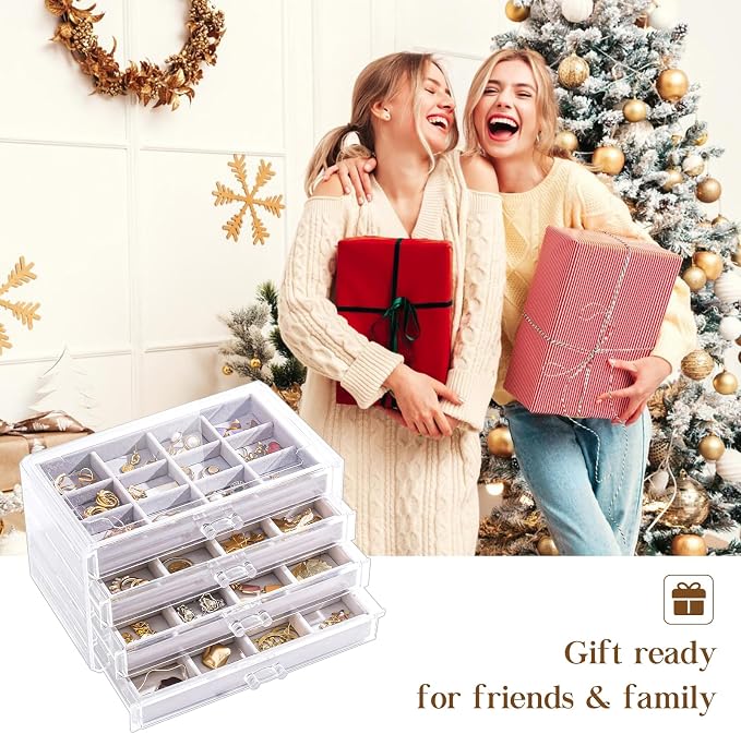 Lolalet Earring Holder Organizer Box Jewelry Storage with 4 Drawers, Clear Acrylic Stackable Earring Case with Adjustable Velvet Trays for Women on Dresser Vanity -Grey, 4 Layers - Image 7