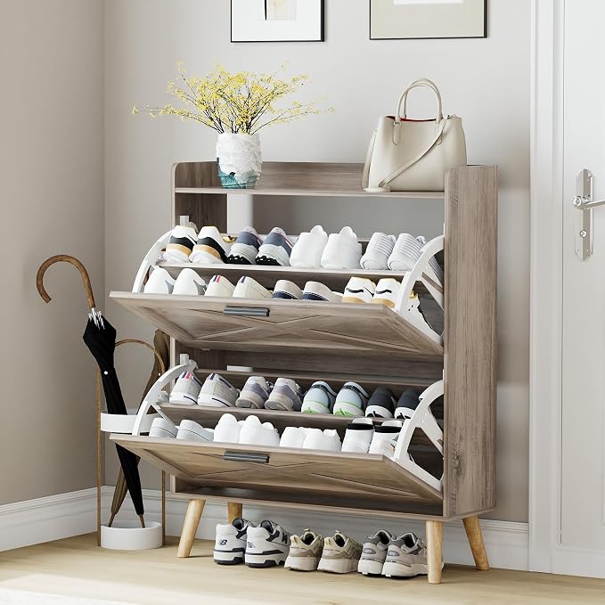Homleke 32" W Farmhouse Shoe Storage Cabinet with 2 Flip Drawers and Barn Door Design, Adjustable Shelves, Modern Hidden Slim Narrow Shoe Rack Cabinet for Entryway, Foyer, Hallway, Living Room, Greige - Image 9