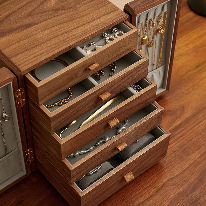 Black Walnut Wood Wooden Jewelry Box for Women, Large Velvet Lined Jewelry Organizer with 5 Drawers & Brass Feet, Earring Jewelry Box Organizer, Traditional Chinese Pattern Handles - Image 9