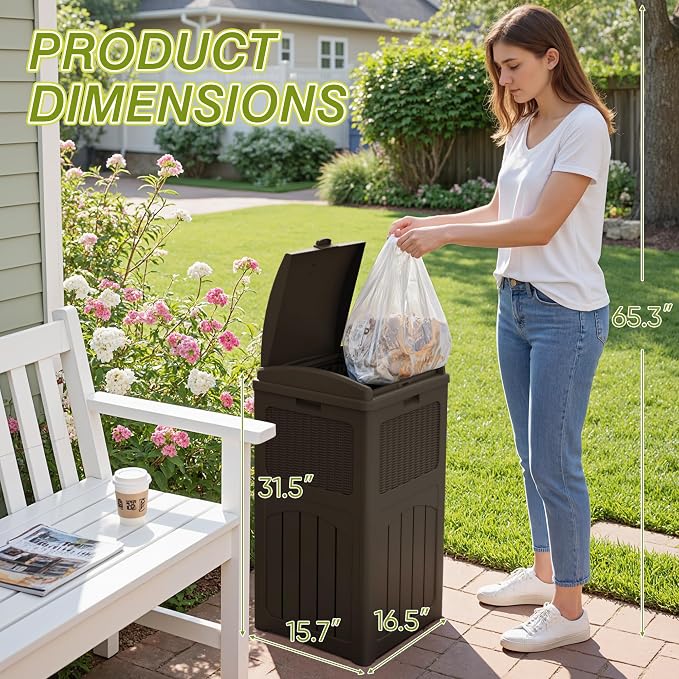 Greesum 33 Gallon Outdoor Trash Can with Lid, Waterproof Resin Garbage Bin for Hideaway, Deck, Patio, Brown - Image 7